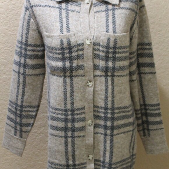 Jessica Simpson Plaid Long Button Cardigan Wool Bleed Sweater Brown Gray Small S - Picture 13 of 16